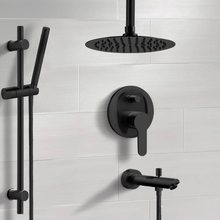 Remer TSR44-10 Matte Black Tub and Shower Faucet Set with 10 Inch Ceiling Rain Shower Head and Hand Shower